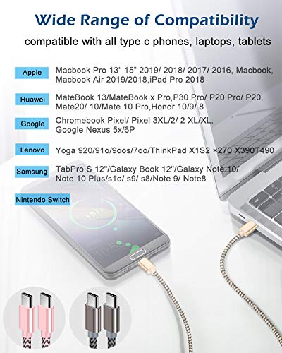 USB C to USB C Cable,3 Pack USB C Charger Cable,Nylon Braided USB C to C Cable for Samsung Galaxy S20/S10/S9/Note 10, Google Pixel 2/3/4 XL, MacBook Pro 2019/2018/2017 and More, 5FT (Gold, Pink, Grey)