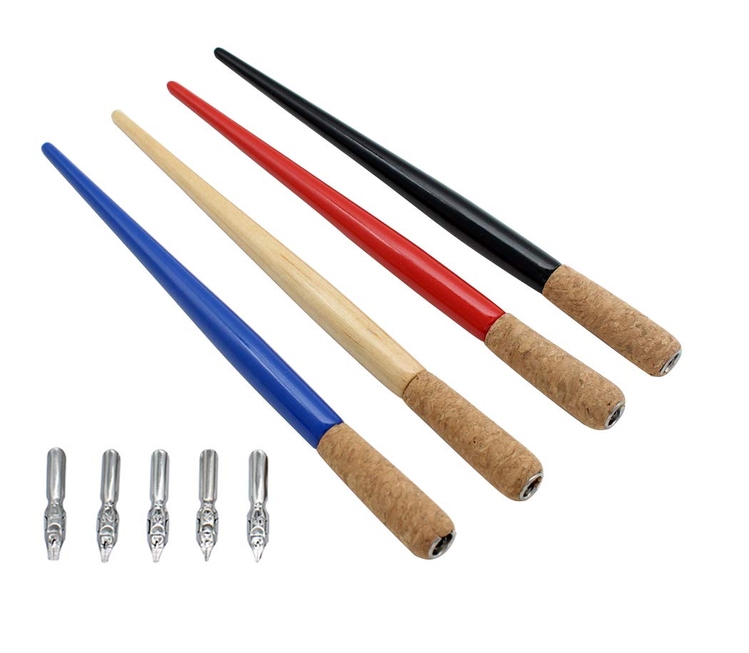 Hillento Comic Dip Pen Holder Set, Manga Calligraphy Set, Includes 4 Dip Pen Holder with 5 Nibs for Lettering Skiching, Art, Writing, Signatures, Calligraphy