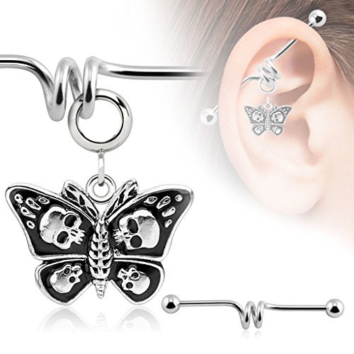 Industrial-bar-316L-Surgical-14g-1-12-Butterfly-with-Skulls-Dangle-Charm-Industrial-Barbell-HO2905