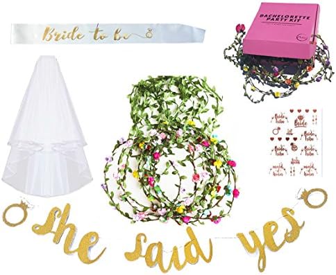 Flower Headbands Bachelorette Party Decorations, Bridal Shower Supplies Set, Party Favors, Bride to be Decor – Bride sash, Veil, she Said yes Banner, Flower Headbands, Rose Gold Tattoos by Meilsa