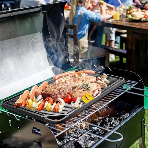 2-in-1 Reversible Grill Plate, 18"x10" Pre-Seasoned Cast Iron Griddle, Double-sided Flat Top Plate for Gas Stovetop, Oven, or Open Fire, Rectangular Flat Pan for Camping, Roasting and Grilling