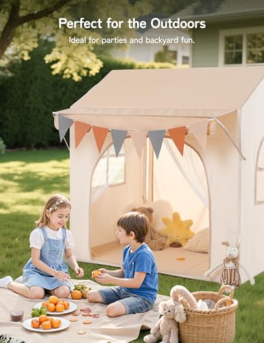 Besrey 2-in-1 Kids Play Tent with Canopy for Indoor and Outdoor Use with Lights, Bunting and Mat, Large Design for Reading and Creative Games - Ideal Christmas Gift for Kids