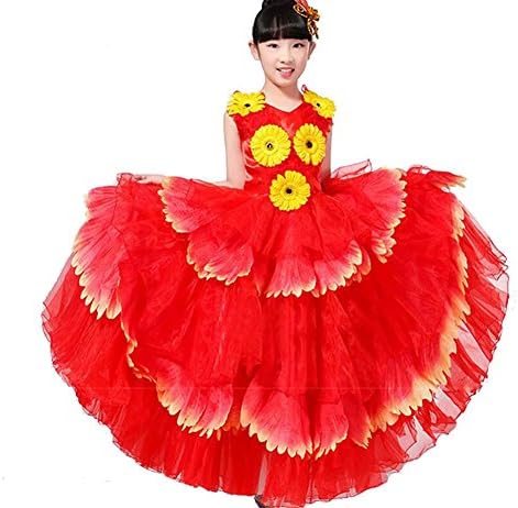 Wgwioo Girl Flamenco Dance Dresses Spiritual Flowers Children'S Sleeveless Princess Opening 180 360 540 720 Degrees Performance Chorus