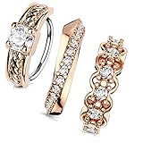 MoBody 3 Pack 20G Nose Ring Piercing Hoop Paved CZ Crawler Surgical Steel Cartilage Earring Set (8mm) (Style 1) Rose Gold-Tone
