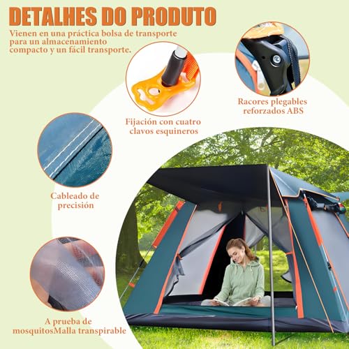 Tenda de Camping, 4-6 Pessoas Barraca de Camping Pop-up Automática, com 2 Janelas Mosquiteiro e Foyer Integrado, Barraca de Automática Tenda Dome, 240 x 240 x 155 cm