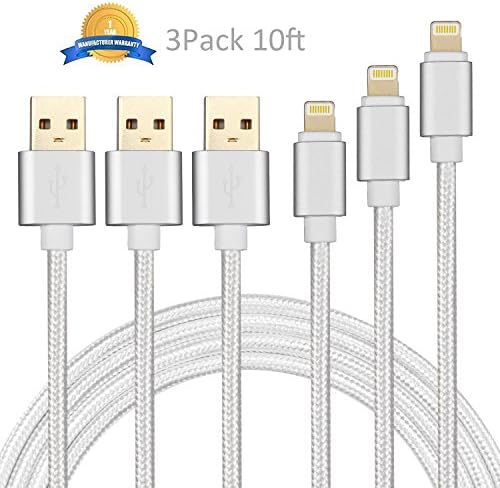 NEXCABLE 3 Pack 10FT Extra Long Nylon Braided Lightning to USB Charging and Sync Cable Cord Charger Compatible with iPhone 7/7 plus, iPhone 6/6s/6 plus/6s plus, 5c/5s/5, SE, iPad /iPod(Grey)