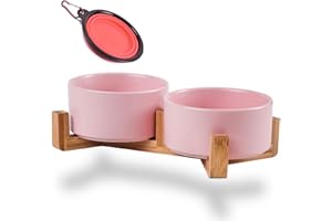 Petygooing Ceramic Dog Bowl Set with Stand - Pink Cat & Dog Food and Water Dish, Small Size (13.5OZ/5.1 in) - Anti-Slip Set of 2
