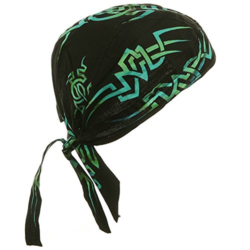 Black Doo Rag with Green Tribal Bandana Headwrap Motorcycle Biker Skull Cap