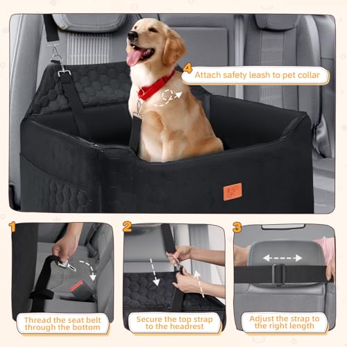 Car Seat for Dogs, 78 x 55 x 53 cm, Removable and Washable Booster Seat for Medium and Large Dogs, Lead Included, Dog Seat for Heavy Cars (Black with Waterproof Leather Coating)