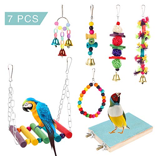 Dutch Brook Bird Swing Chewing Toys, 7 Packs Parakeet Bird Cage Toys Swing Chewing Hanging Parrot Perches with Bell,Wooden Ladder Hammock for Cockatiels,Budgie and Lovely Birds - Thumbnail 7
