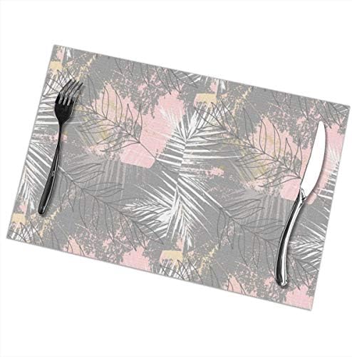 XIKEWL Placemats 12 X 18-Inch Set of 6 Tropical Worn Floral Pastel Rose Grey Blush Gold Washable Fabric Placemats for Dining Table
