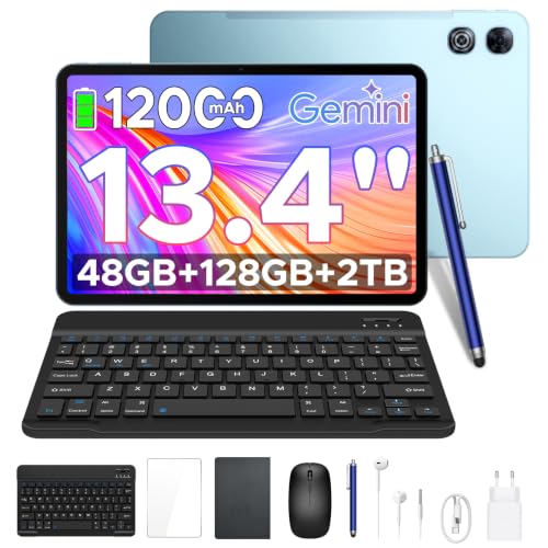Easerush P13 Tablets 13.4 Pulgadas, 2.4K 120Hz Tablet Android 16 & Gemini AI, 48GB RAM + 128GB ROM, T7280, 12000mAh, Widevine L1, 13MP+8MP, Altavoces Duales, Tablet con Teclado, Lapiz, Funda, Azul