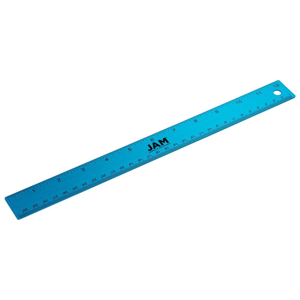 JAM PAPER Stainless Steel Ruler - 30.48 cm/12 inch - Metal Ruler with Non-Skid Cork Backing - Blue Metallic - Sold Individually