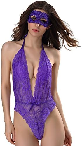 Sexy Lingerie For Women Teddy One Piece Bodydoll Lace Bodysuit With Eyes Cover Deep V Halter (US 12-14, Purple)