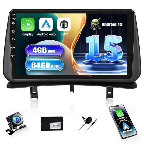 SIXWIN 4GB & 64GB Android 15 Car Radio for Renault Clio 3 2005-2014 with CarPlay Android Auto Mirror Link - 9 Inch Touch Screen Car Radio WiFi Bluetooth 5.0 FM/RDS 32EQ USB with Rear View Camera