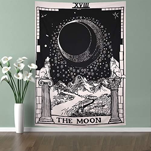 Lahashoker Tarot Tapestry The Moon Tapestry Medieval Europe Divination Tapestry Wolf Star Mysterious Tarot Wall Tapestry Bohemian Psychedelic Tapestry for Home Decor(W51.2×H59.1)