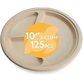 100% Compostable Disposable Paper Plates Bulk [10" 3-Comp 125 Pack], Bamboo Plates, Eco Friendly, Biodegradable, Sturdy Large Dinner Party Plates, Heavy-Duty, Unbleached by Earth's Natural Alternative