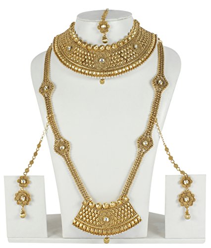 Indian Ethnic Style Gold Plated Kundan Stone Polki Bridal Necklace Set with Maangtikka for Wedding