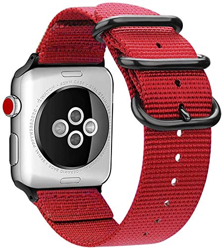 MaKTech Woven NyLon Band with NATO Rings Compatible with Apple Watch Series 9/Ultra 2/SE/8/7/2023 (42mm/41mm/40mm,Red)