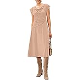 Happy Sailed Cocktail Dresses for Women Short Sleeve Ruched Waist Sexy Slim Fit A-Line Semi Formal Midi Wedding Guest Dress Khaki Medium