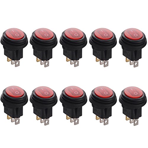 Lightronic 12V DC 20 Amp Round On/Off Rocker Switch IP65 Waterproof Auto Boat 3P SPST Red LED Indicator(10pcs, Red)