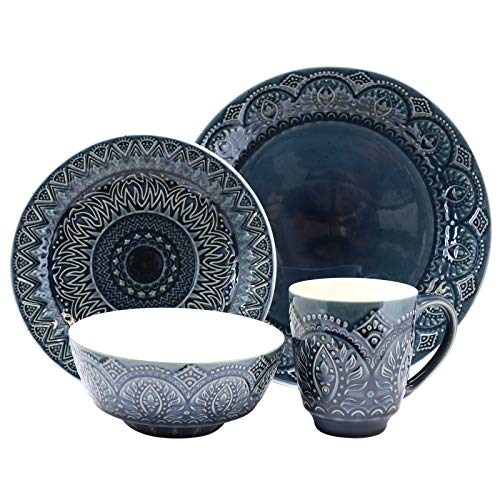 Elama Decorated Round Stoneware Deep Embossed Dinnerware Dish Set, 16