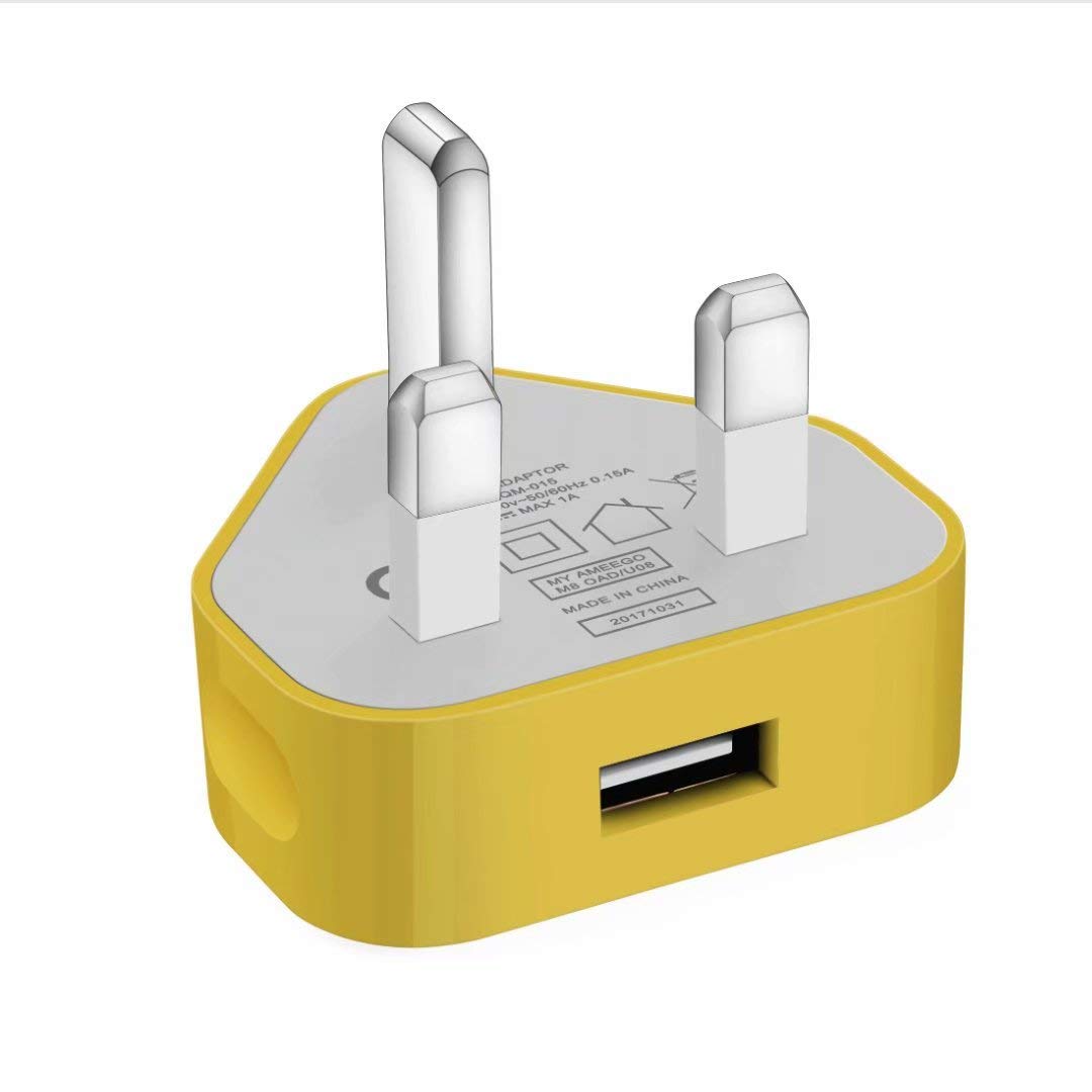 USB Compact Universal UK Mains Charger 1000 mAh CE Approved Adapter Cable Compatible with Mobile Phones iPhone 5 6 7 8 X iPod/Samsung Galaxy S2 3.4 S5 S6 S7 S8 S9/Smart phones/Media devices (Yellow)