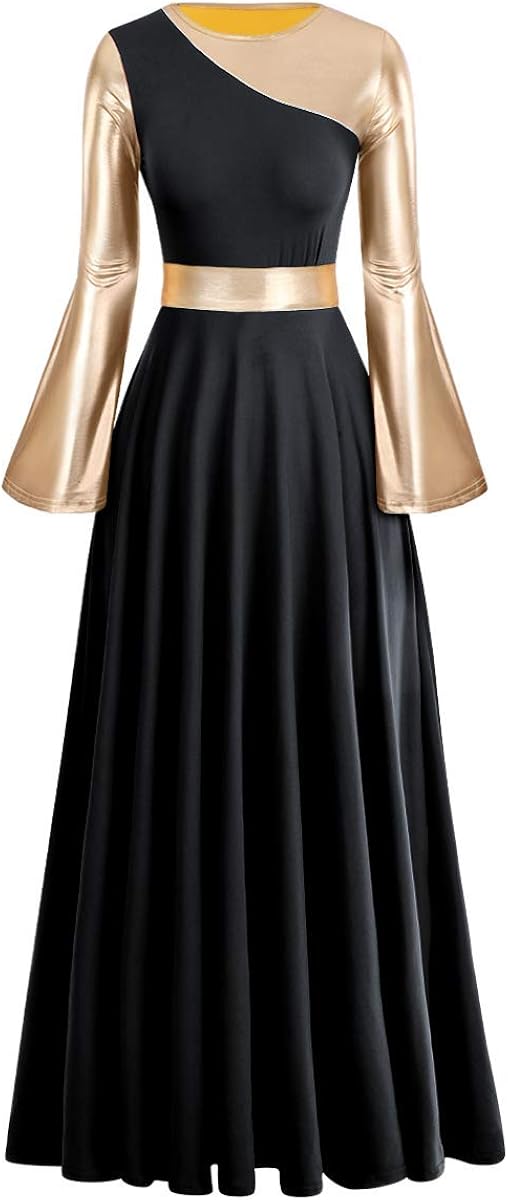 IBAKOM Liturgical Praise Dance Worship Long Dress for Women Metallic Gold Color Block Loose Fit Full Length Church Dancewear: Clothing