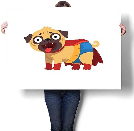 Amazon Martindecor 風景 キャンバス ファニー パグ 犬 キャラクター イン ア スーパーヒーロー コスチューム ファニー ドッグ イン レッド ケープ レッド ベクター イラスト ホワイト 背景 装飾 ファイン アート キャンバス プリント ポスター K 81 Cm X L