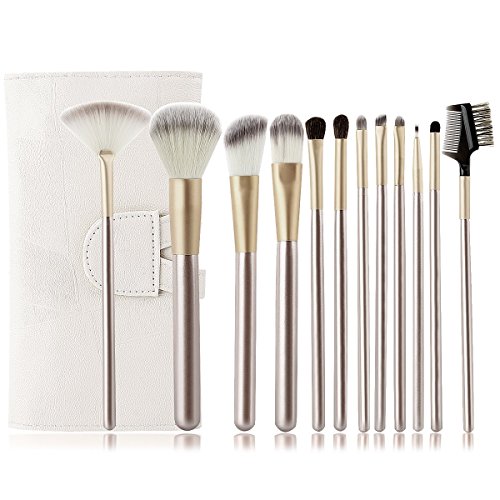 AmoVee Makeup Brushes Set, 12 Piece Foundation Brush Blending Blush Eyeliner Face Powder Brush, Kabuki Brush Set + Makeup Brushes Holder / Bag (Antique White)