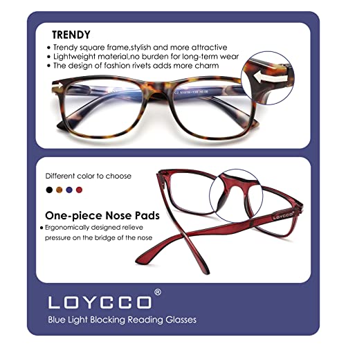 Loycco 4 Pack Computer Reading Glasses Blue Light Blocking Anti Eyestrain Flexible Lightweight Square Readers for Women Men 2.0