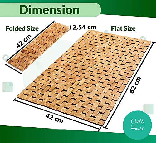 CHILL HOUSE Bamboo Shower Mat 62 x 42 cm, Wooden Roll Up Bath Mat, Quick Drying Non-Slip Shower Mat, Natural Bamboo Bathroom Accessory for Modern Bathroom, Shower, Bath, Sauna and Spa