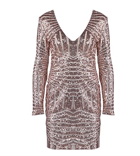 Miss ord Women's V Neck Long Sleeve Sequined Cocktail Mini Dress Small Gold