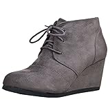 Nature Breeze Willow-01 Women's Black Lace Up Faux Leather Ankle Wedge Boots