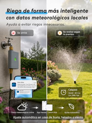 meross Programador Riego WiFi con Smart Hub, Temporizador de Riego Automático para Jardín, App y Control por Voz, Pausa por Lluvia, Consumo de Agua, Latón, IP65, Alexa, Google y Apple HomeKit, Gris