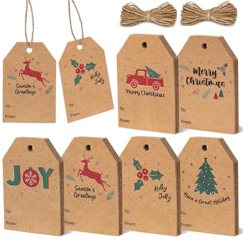 Blisstime 60pcs Christmas Tags with String, Christmas Labels for Gift Kraft Paper Tags for Christmas Presents Name Tags Christmas Tree Decorations, Brown