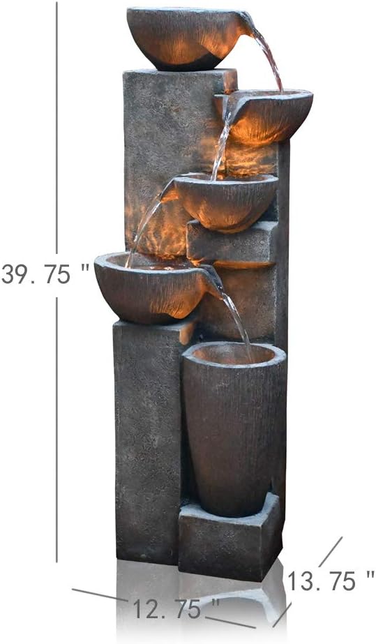 GF Gardenfans 5-Tier Outdoor Water Fountain Decor with LED Lighting Natural Looking Stone Resin Fountain Decor for Garden Patio Fold Court Yard Deck 12.99〃 L x 13.78〃 W x 39.76〃 H: Home & Kitchen