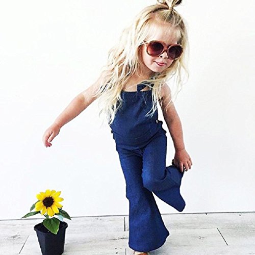 Minisoya Fashion Toddler Kids Baby Girl Backless Denim Jumpsuit Suspenders Overall Romper Bell-Bottom Flare Trousers (Blue, 5T)