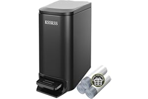 KSSKSS Small Bathroom Trash Can with Soft Close Lid, 6L / 1.6 Gallon Stainless Steel Garbage Can with Removable Inner Bucket, Step Pedal, Slim Wastebasket for Bedroom, Home Office (Matt Black)