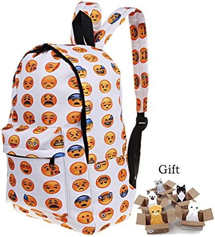 Smiling Face Backpack Casual Canvas School Book Bags for Boys and Girls with Gift Kitty Sticky Note (White Emoji Backpack)
