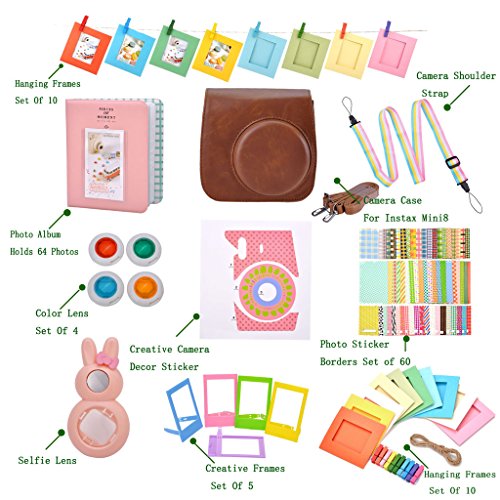 Fujifilm Instax Mini 8/8+ Accessories,Mogoko 10 in 1 Camera Bundles Set Include Camera Case/Photo Album/Hang Frames/Selfie Lens/Color Filters/Photo Frames/Sticker Borders/Film Sticker/Strap(Brown)