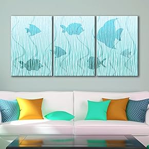 3 Panel Canvas Wall Art - Abstract Tropical Fish Pattern - Giclee Print Gallery Wrap Modern Home Art Ready to Hang - 16"x24" x 3 Panels