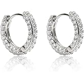 Men's Women 3D Small Thin Hoops Cartilage Cuff Unisex Hoops White Gold Plated 925 Sterling Silver Post Fully Iced Cz Skinny Ice Out Cubic Zirconia Trendy Cool Huggie Hoop Earrings For Men Women