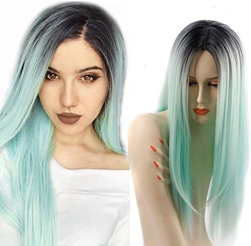 ZingSilky Synthetic wigs Light blue Ombre High temperature fiber Wigs for Black Women Long Straight Dark Roots (26inch, 1B#/Light blue)