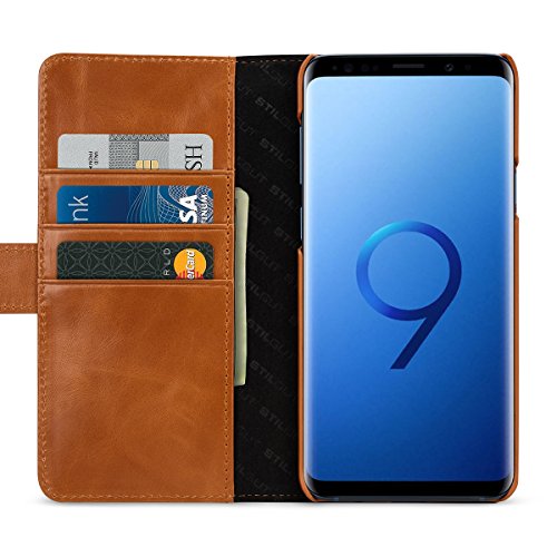 StilGut Samsung Galaxy S9+ (S9 Plus) Case. Flip Leather Wallet Cover with Card Slots, Cognac Brown - Thumbnail 2