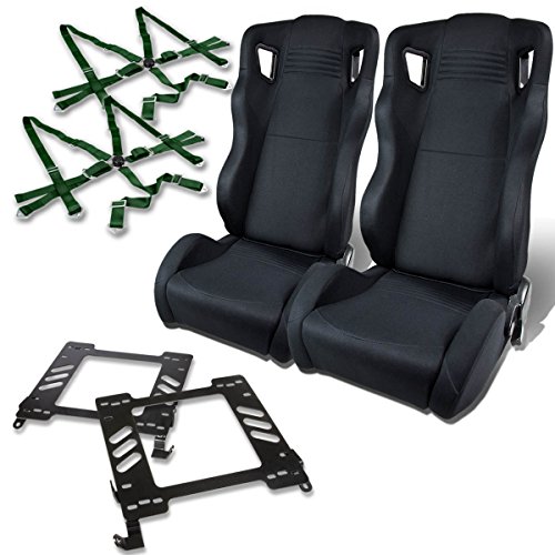 DNA RS-HH-BK Pair of Black Racing Seats+Seat Bracket+6-Point Camlock Green Belt for Subaru GD GG