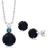Gem Stone King 925 Sterling Silver Black Onyx and Blue Diamond Pendant and Earrings Jewelry Set For Women (5.71 Cttw, Round 10MM, Gemstone December Birthstone, with 18 Inch Silver Chain)