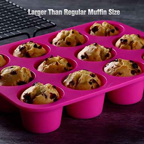 KLEMOO Silicone Muffin Pan, 12-Cup Nonstick Cupcake Baking Tin, Bake the Large Size Perfect Shaped Muffins, No sticking and Easy to Clean-up