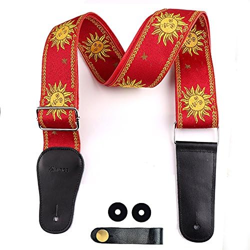 Jacquard Woven Guitar Strap with Genuine Leather Ends for Acoustic Guitar, Electric Guitar and Bass, Includes 2 Safety Locks, 1 Leather-made Guitar Strap Button, Best Gift for Guitar Players (Red)