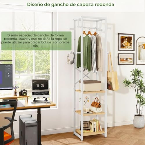 IBUYKE Perchero independiente con 3 estantes y 8 ganchos, perchero industrial para entrada, pasillo, dormitorio, 180 x 40 x 30 cm, color natural y blanco TMJ088R